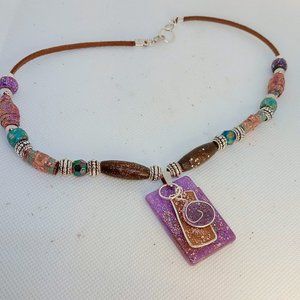 Hand painted and hand glazed boho necklace on vegan suede